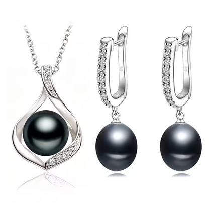 Silver Black Pearl Pendant and Drop Earring Set