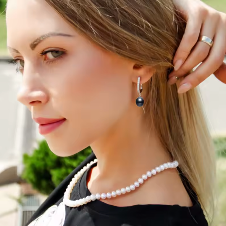 Silver Black Pearl Pendant and Drop Earring Set