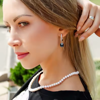 Silver Black Pearl Pendant and Drop Earring Set